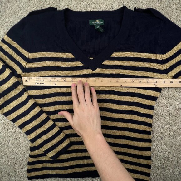 Lauren Ralph Lauren Women’s Sweater Large Navy Blue Gold Striped Shiny Pullover - Picture 4 of 12